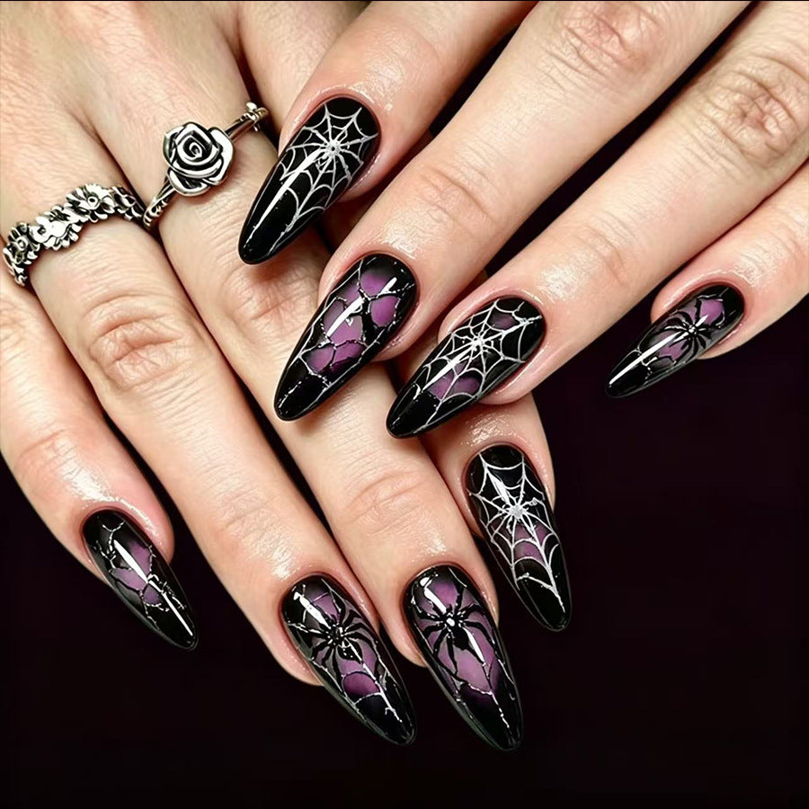 Spooky Elegance Medium Almond Black with Spider Web Design Press On Nail Set