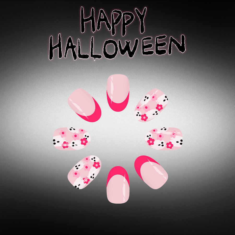 Charming Halloween Short Round Pink Floral Nail Set with Exquisite French Tips