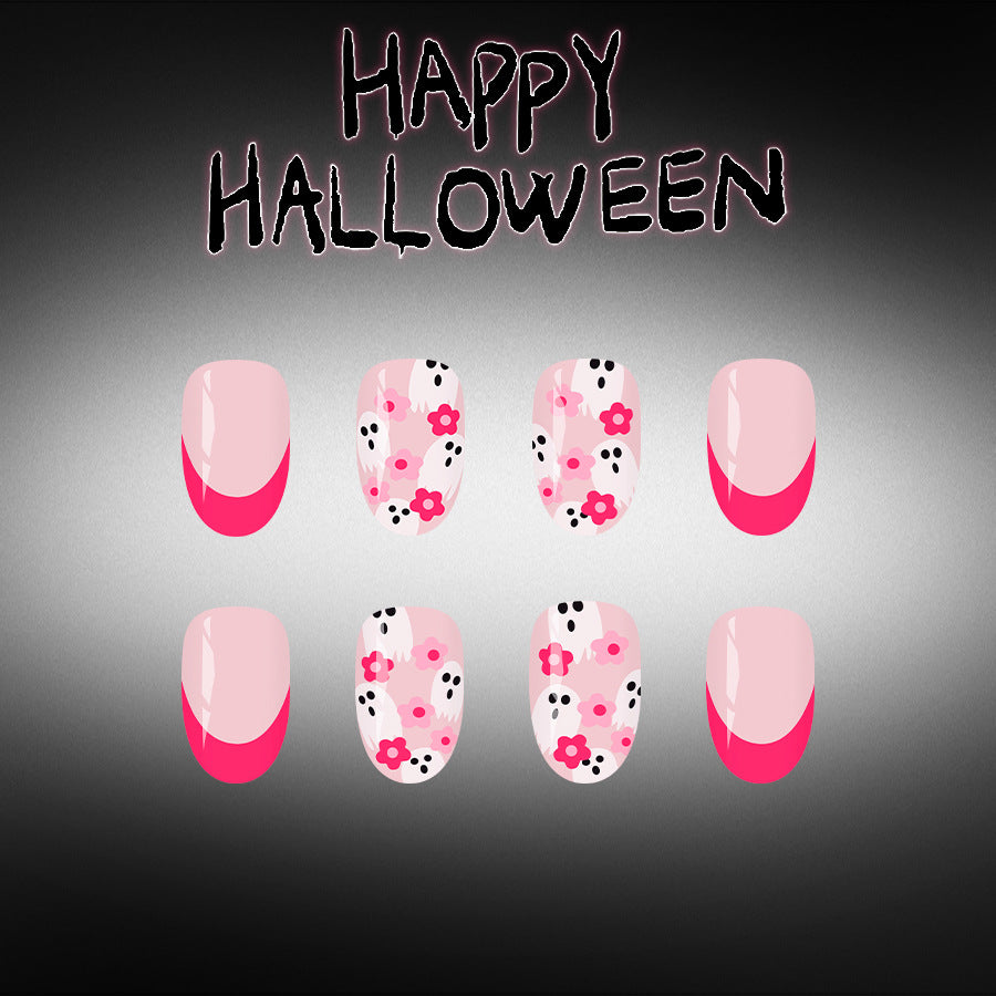 Spooky Floral Short Round Pink Tips Nail Set with Unique Ghost Accents