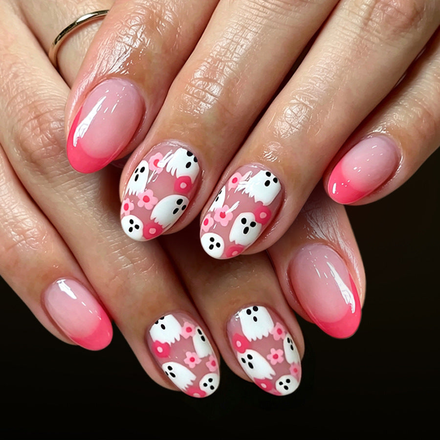 Whimsical Pink Short Round Ghost Floral Press On Nail Set Featuring Adorable Character Designs
