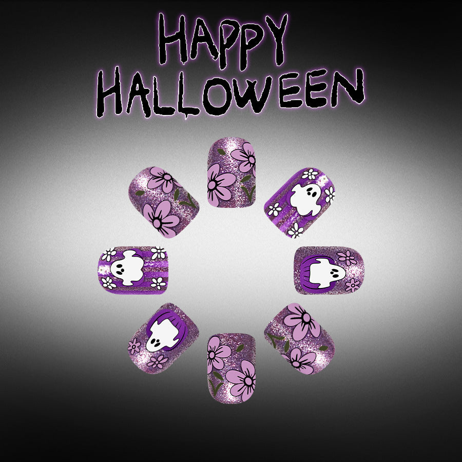 Spooky Halloween Medium Round Purple with Ghost and Floral Design Press on Nail Set