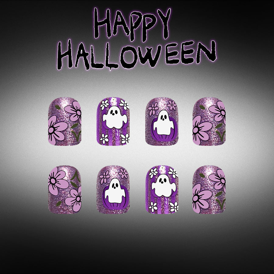 Spooky Halloween Short Square Purple Glitter with Ghost Design Press On Nail Set