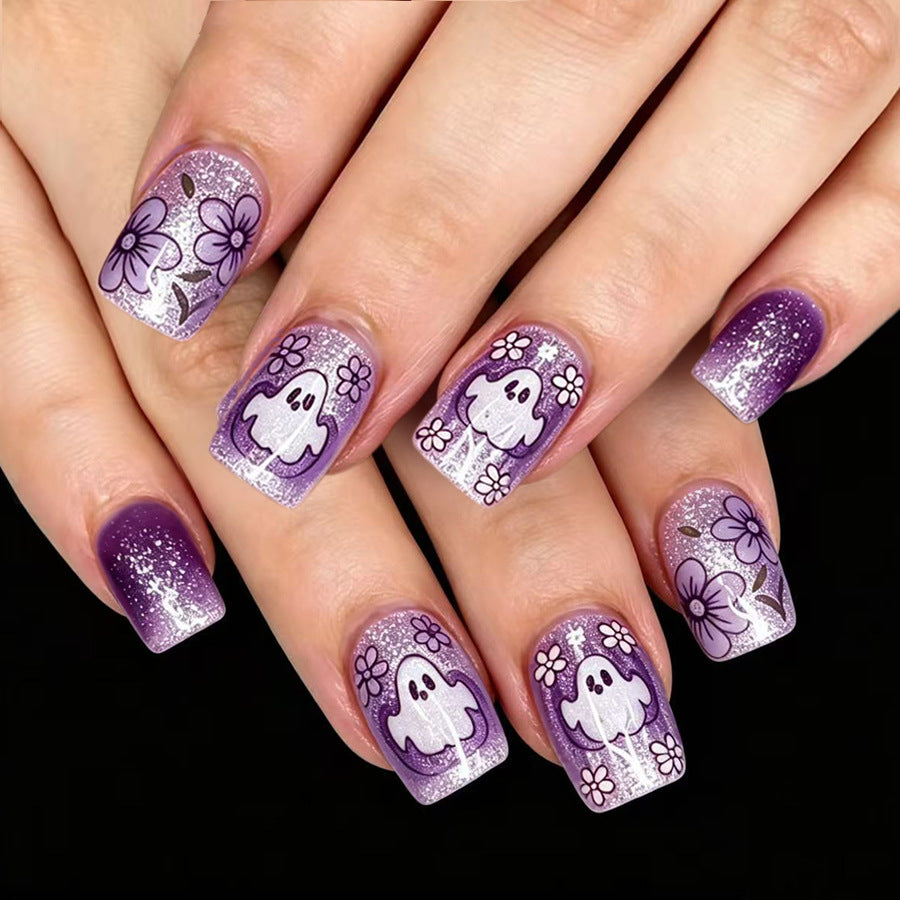 Spooky Floral Short Square Purple Press On Nail Set with Glittering Ghost Design