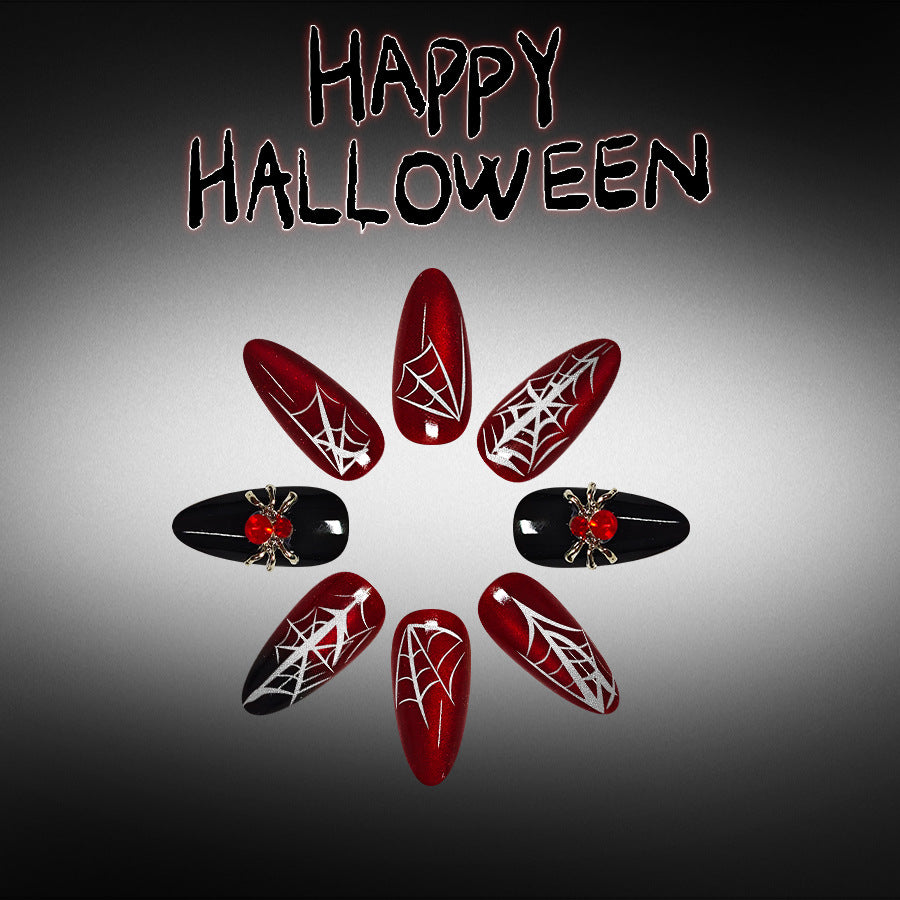 Spooky Halloween Long Almond Blood Red with Spider and Web Design Press on Nail Set
