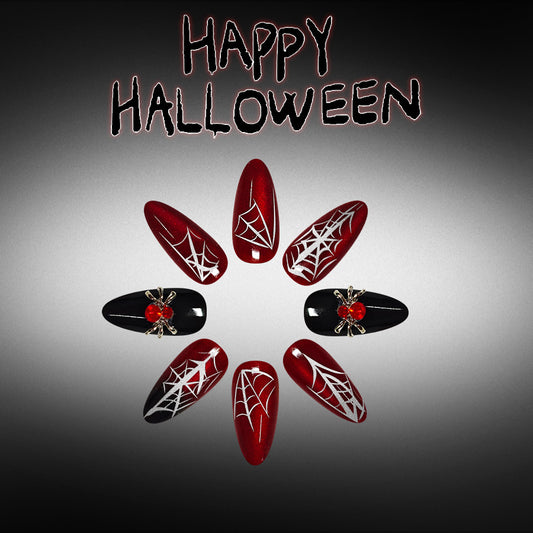 Spooky Halloween Long Almond Blood Red with Spider and Web Design Press on Nail Set