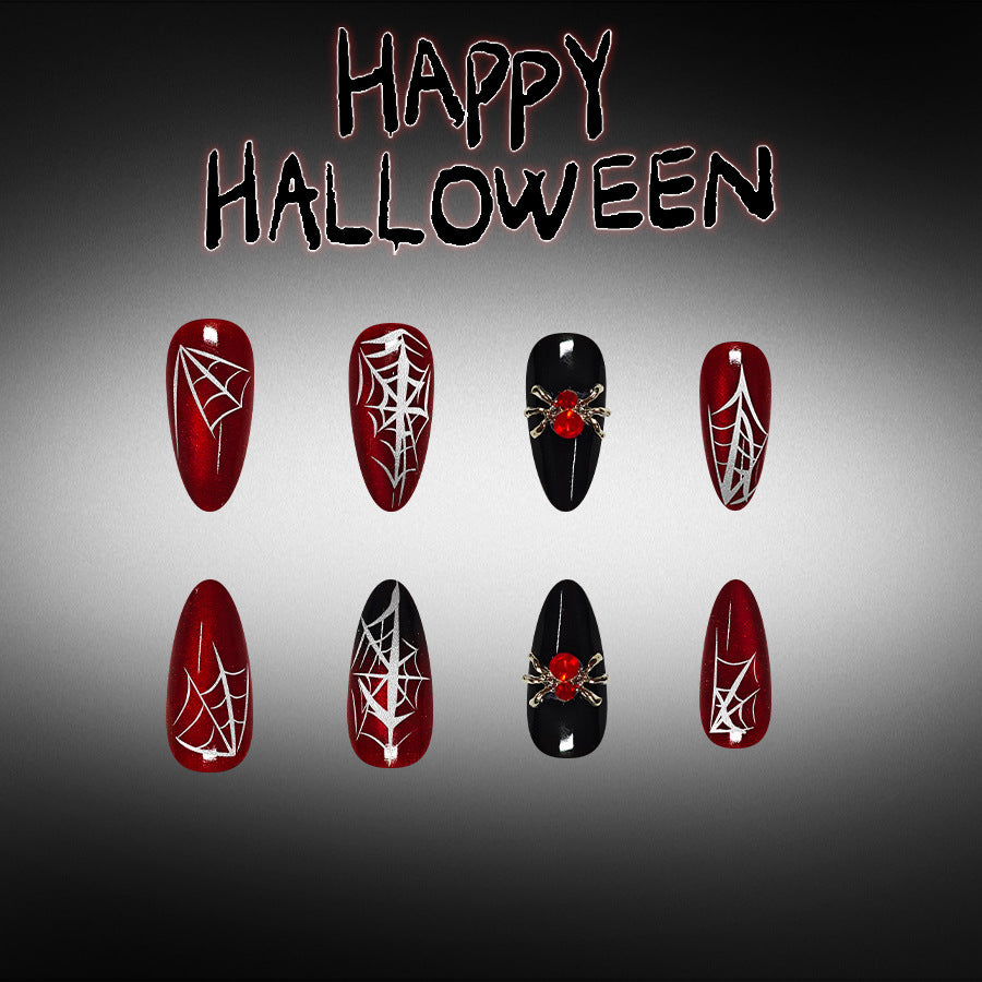 Spooktacular Medium Almond Deep Red with Spider Web Design Press On Nail Set