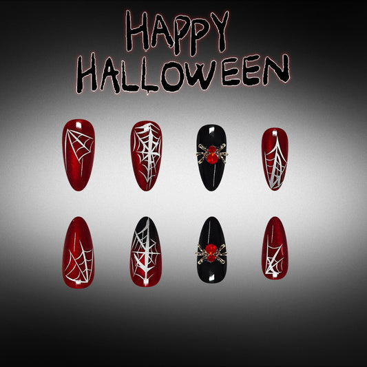 Spooktacular Medium Almond Deep Red with Spider Web Design Press On Nail Set
