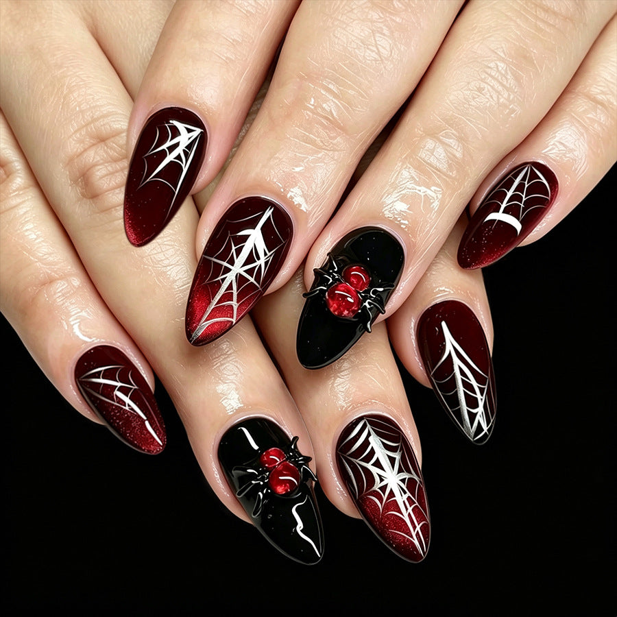 Spooky Elegance Medium Almond Burgundy Press On Nail Set with Spiderweb and Gemstone Accents
