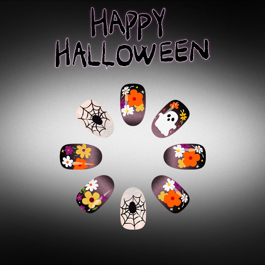 Halloween Vibes Short Round Purple Floral Design Press On Nail Set