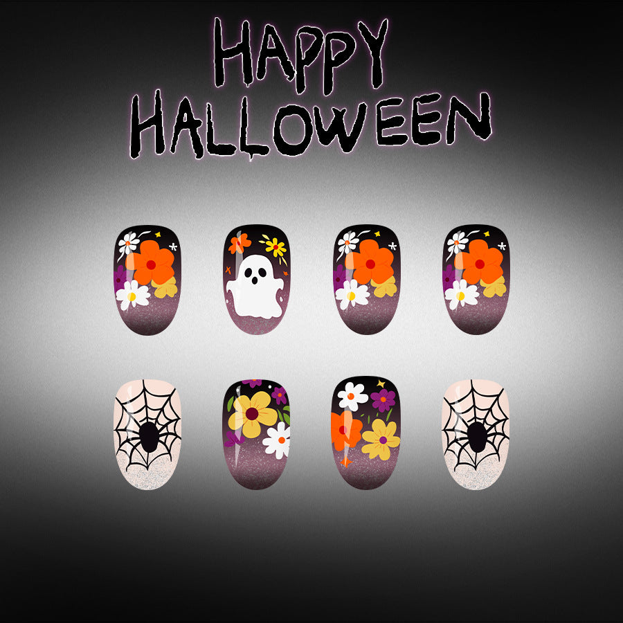 Spooky Vibes Short Oval Black and Floral Press On Nail Set with Ghost and Spider Web Design