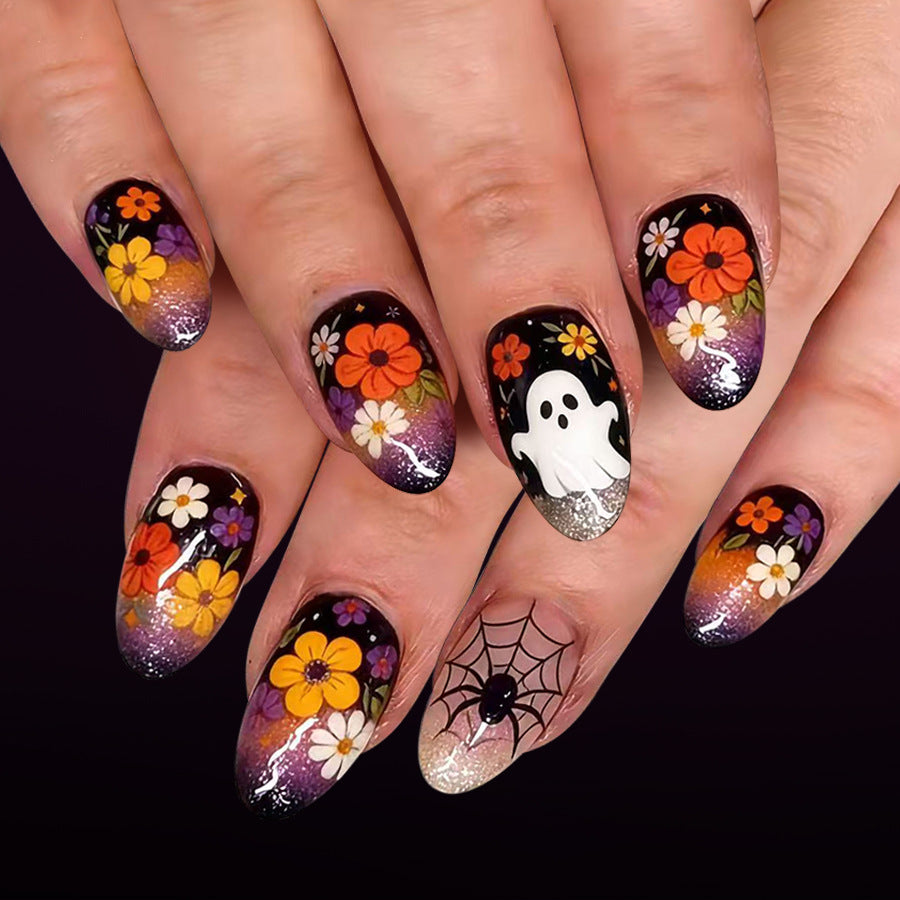 Spooky Floral Short Oval Black and Orange Design Press On Nail Set
