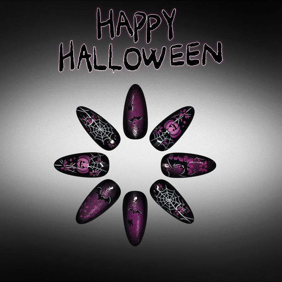 Spooktacular Medium Almond Black and Purple Press on Nail Set with Halloween Designs