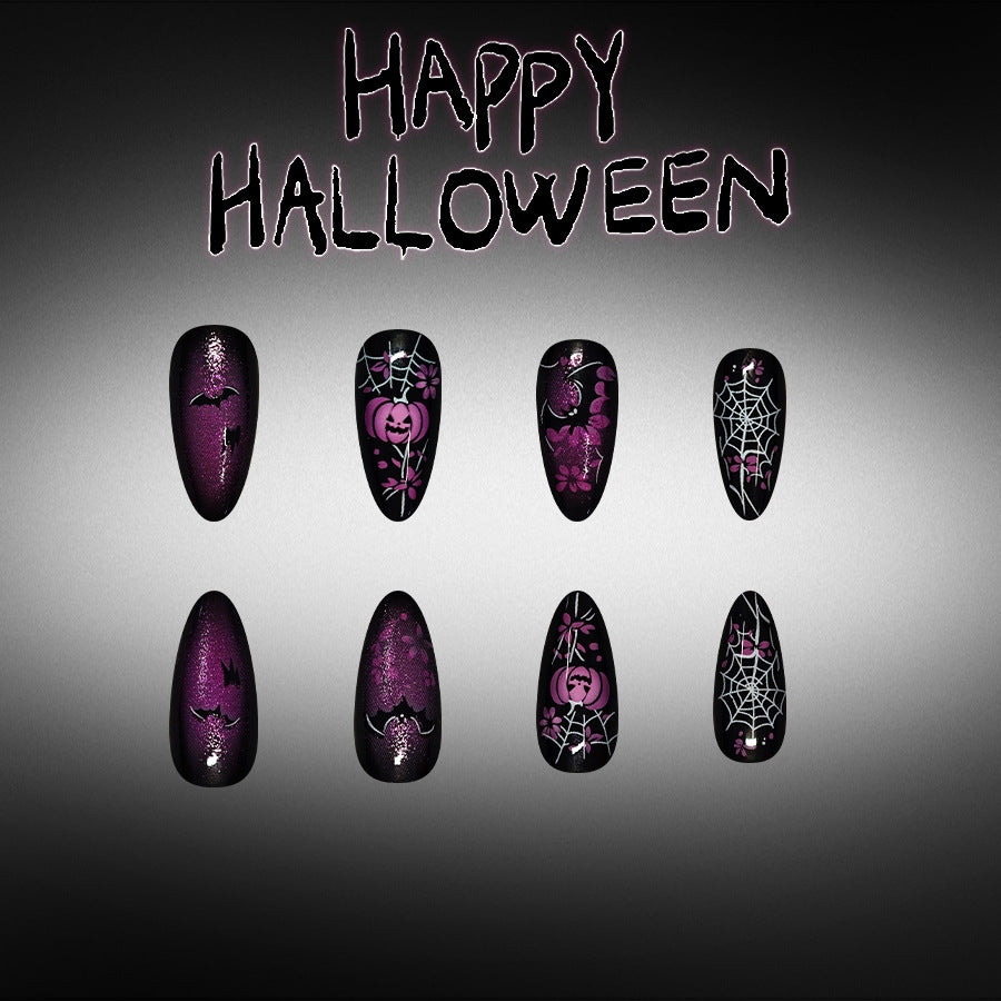 Spooky Halloween Long Almond Purple with Glitter Design Press On Nail Set