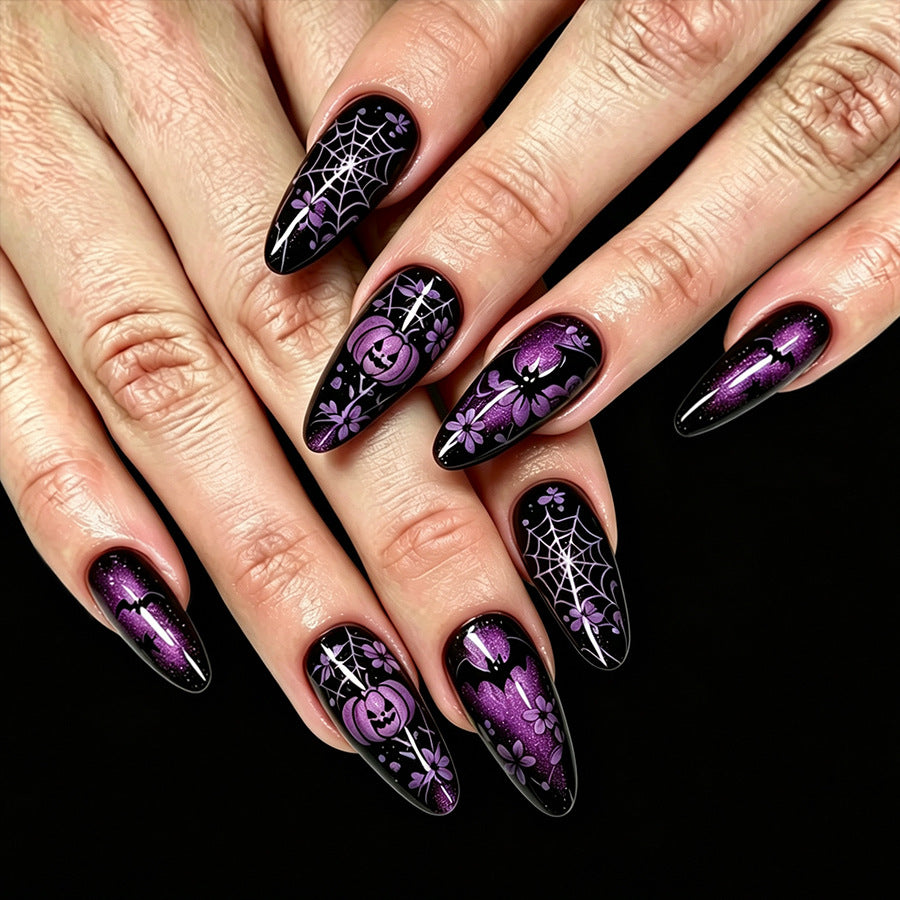 Halloween Themed Medium Almond Black Purple Nail Press Set with Intricate Spider Web Design