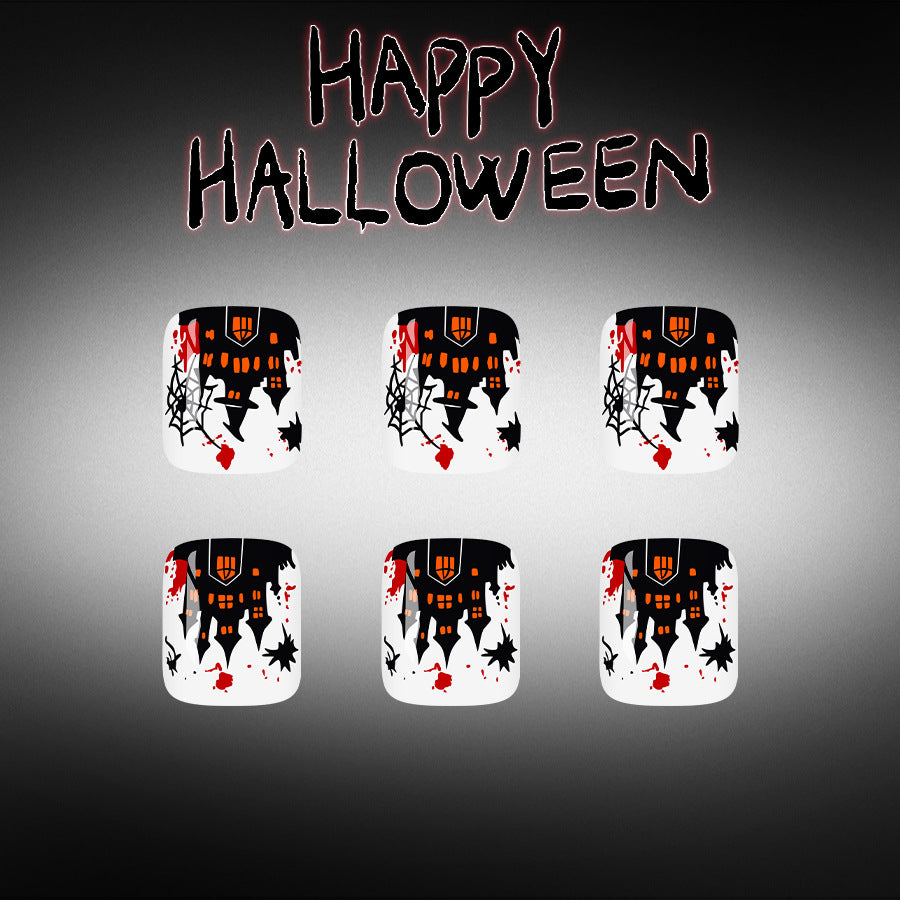 Halloween Themed Short Square Black and Orange Haunted House Toenail Set