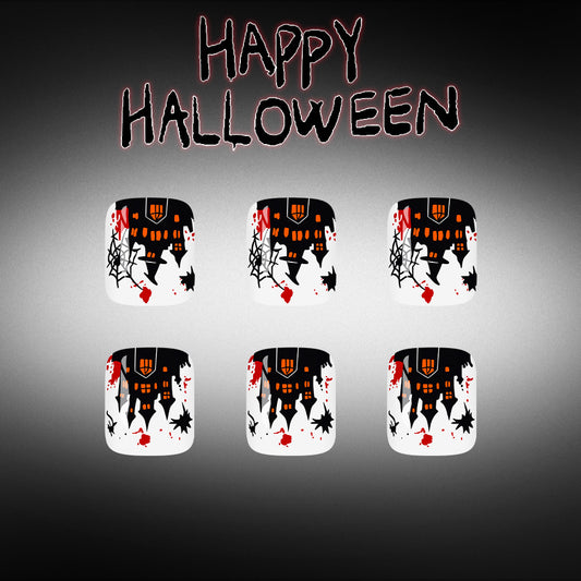 Halloween Themed Short Square Black and Orange Haunted House Toenail Set
