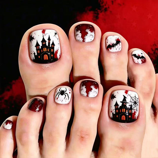 Spooky Halloween Short Square Blood-Red Glitter Toenail Set