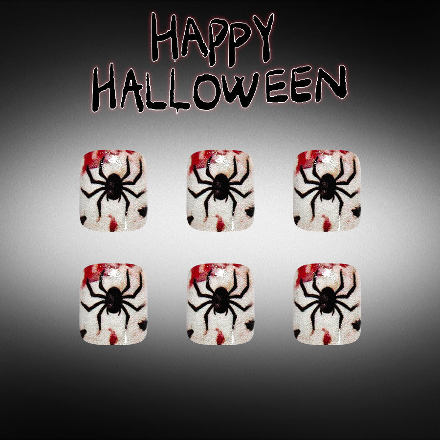 Spooky Halloween Short Square White with Red and Black Spider Design Press on Toenail Set