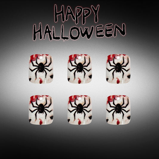Spooky Halloween Short Square White with Red and Black Spider Design Press on Toenail Set