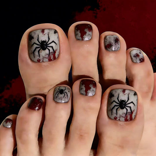 Spooky Spider Themed Short Square Dark Red Marble Effect Press On Toenail Set