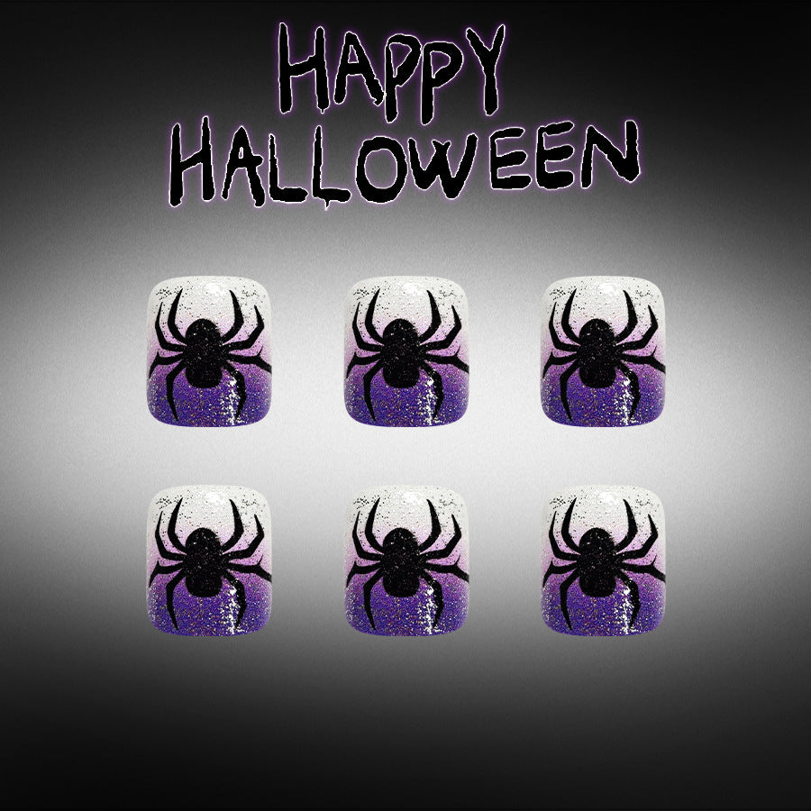 Halloween Glam Short Square Purple and Glitter Spider Press-On Toenail Set