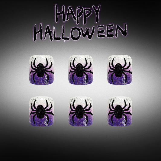 Halloween Glam Short Square Purple and Glitter Spider Press-On Toenail Set