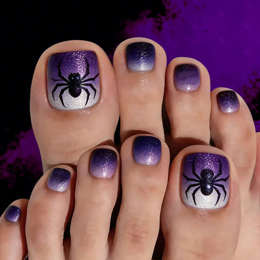 Spooky Elegance Short Square Purple Ombre Glitter with Spider Design Press On Toenail Set
