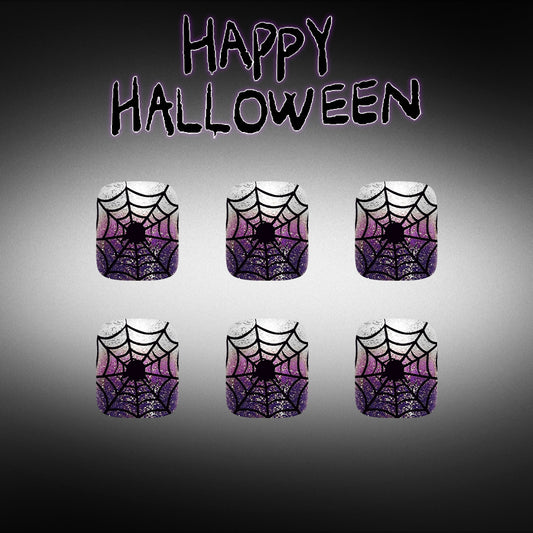 Spooky Charm Long Square Purple and Black Spiderweb Press On Toenail Set
