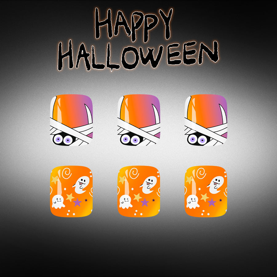 Spooky Halloween Short Square Orange with Ghost Design Press On Toenail Set