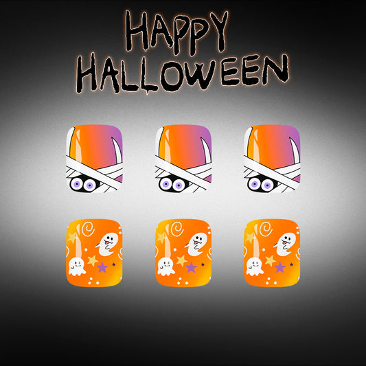Spooky Halloween Short Square Orange with Ghost Design Press On Toenail Set