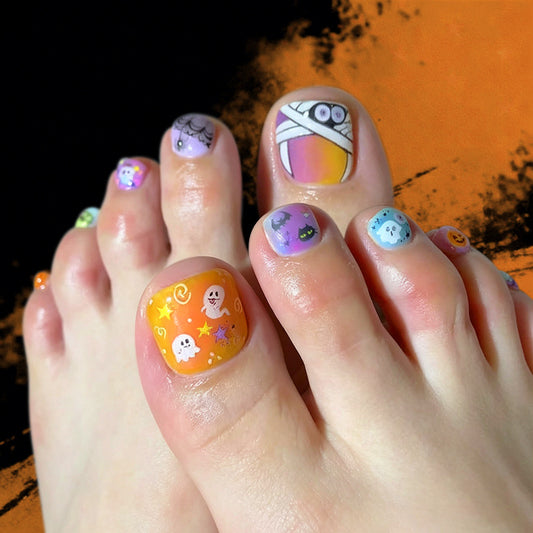 Spooky Vibes Short Square Orange with Ghosts and Stars Press-On Toenail Set