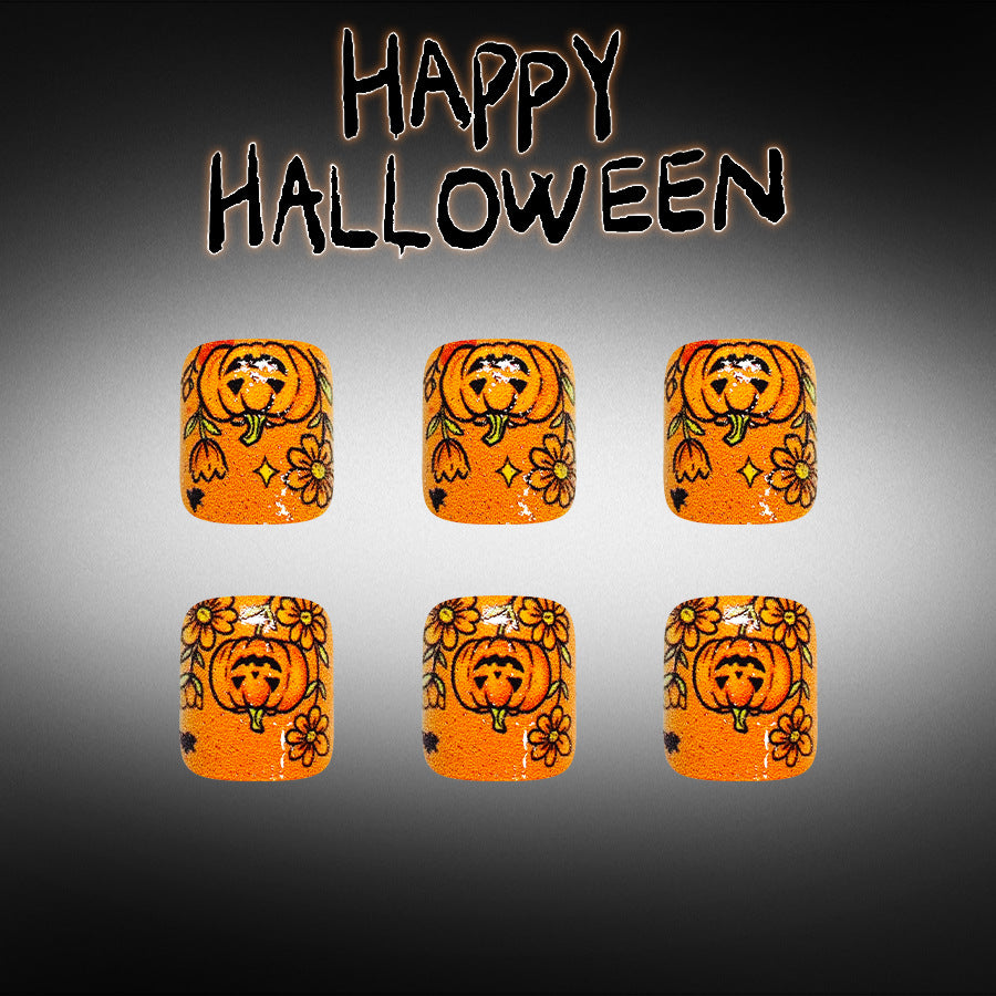 Spooktacular Short Square Orange Toenail Set with Halloween Pumpkin Design