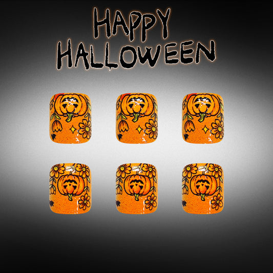 Spooktacular Short Square Orange Toenail Set with Halloween Pumpkin Design