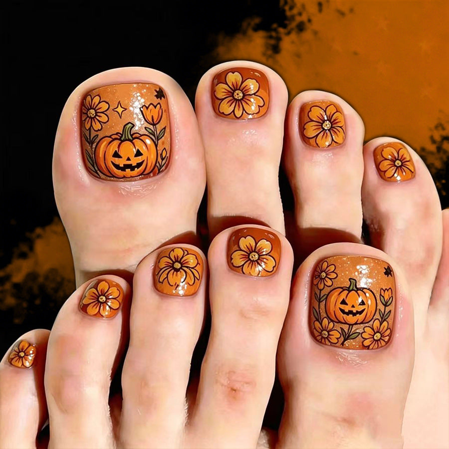 Halloween Inspired Short Square Orange Floral Press On Toenail Set with Pumpkin Design