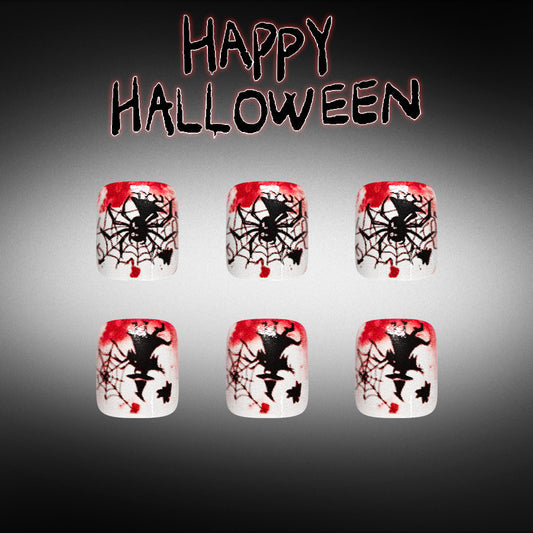 Spooky Style Short Square White and Black Spider Web Design Press On Toenail Set