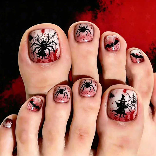 Spooky Halloween Short Square Red and Black Spider Toenail Set