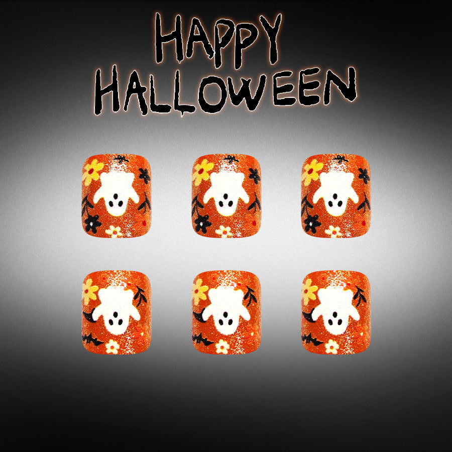 Spooky Theme Short Square Orange with Ghost and Flower Design Press On Toenail Set