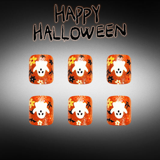 Spooky Theme Short Square Orange with Ghost and Flower Design Press On Toenail Set
