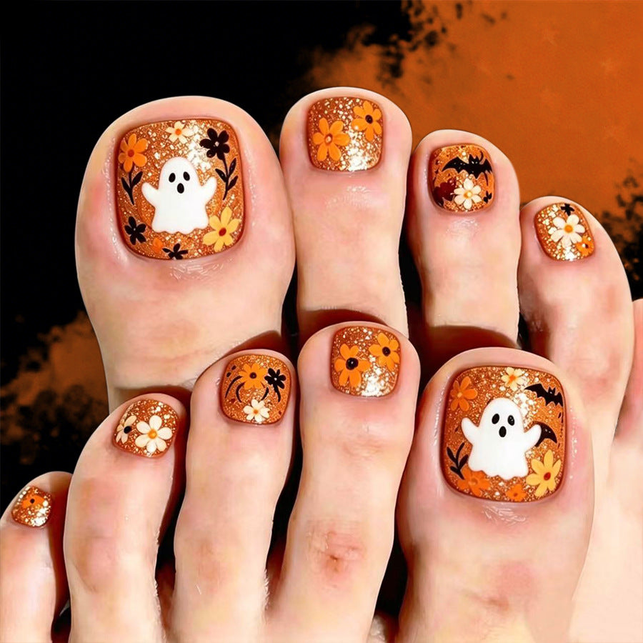 Spooky Halloween Short Square Orange Floral Press On Toenail Set with Ghost Design