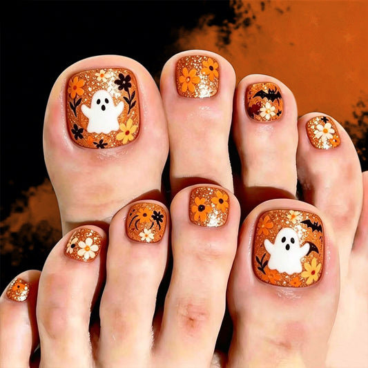 Spooky Halloween Short Square Orange Floral Press On Toenail Set with Ghost Design