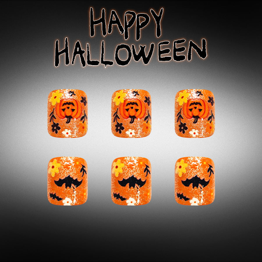 Spooky Charm Short Square Orange Glitter with Halloween Pumpkin Design Press On Toenail Set