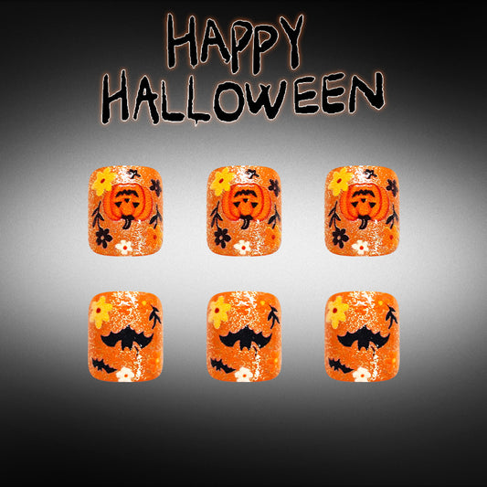 Spooky Charm Short Square Orange Glitter with Halloween Pumpkin Design Press On Toenail Set