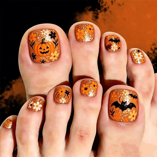 Spooky Halloween Themed Short Square Orange Glitter Press On Toenail Set with Floral and Pumpkin Design