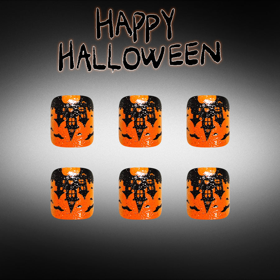 Spooky Halloween Short Square Orange with Bat Design Press On Toenail Set