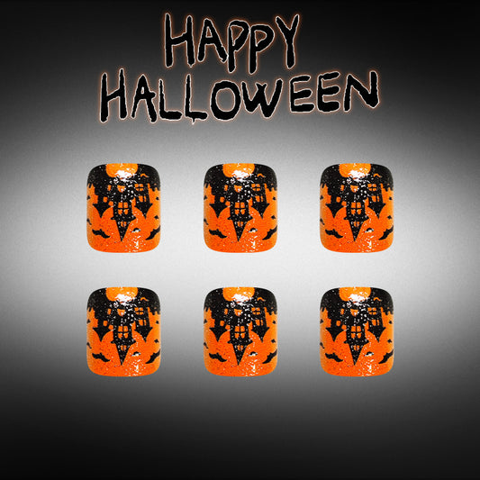 Spooky Halloween Short Square Orange with Bat Design Press On Toenail Set