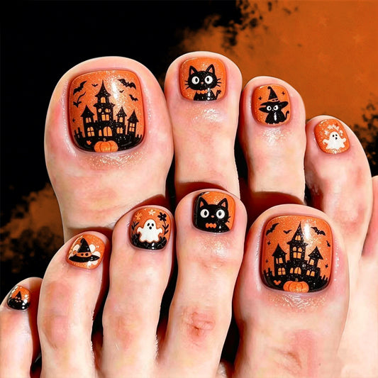 Spooky Vibes Short Square Orange Halloween-Themed Press-On Toenail Set with Fun Cat and Ghost Designs