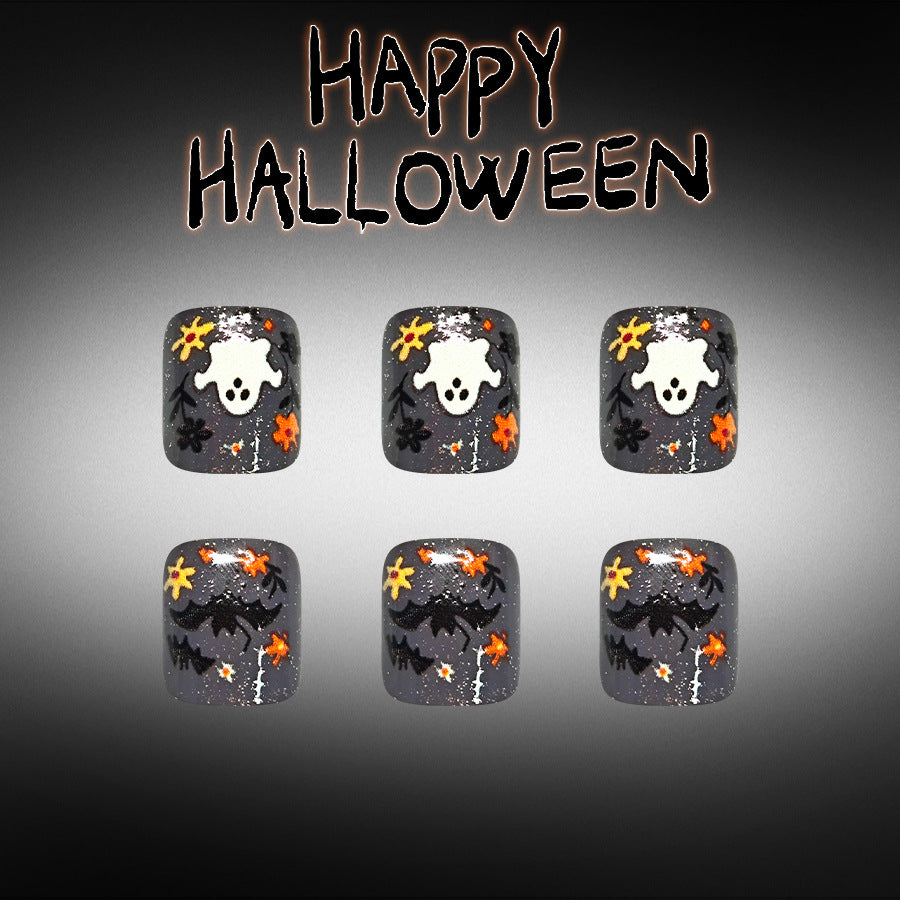 Spooktacular Halloween Short Square Black and Orange Floral Toenail Set