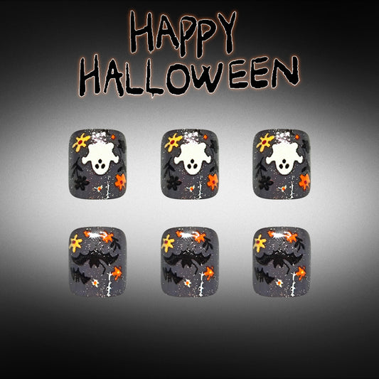 Spooktacular Halloween Short Square Black and Orange Floral Toenail Set