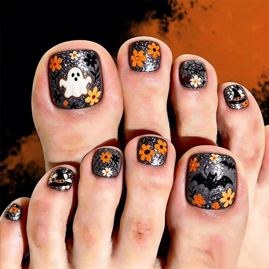 Spooktacular Short Square Black and Orange Floral Toenail Set with Ghost Design