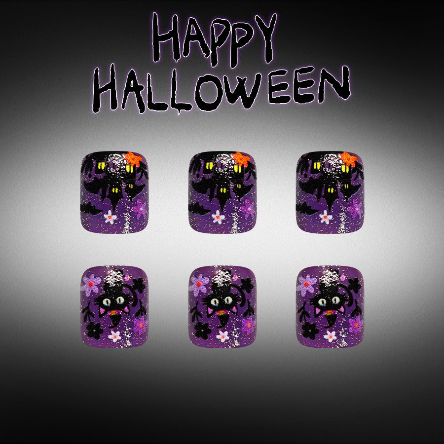 Spooky Halloween Short Square Purple with Halloween-Themed Design Press On Toenail Set
